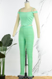 Green Sexy Solid Patchwork Fold Asymmetrical Spaghetti Strap Short Sleeve Two Pieces