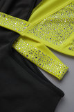 Yellow Sexy Patchwork Hot Drilling Hollowed Out Contrast Oblique Collar Long Sleeve Dresses