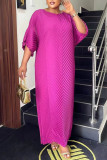 Rose Red Casual Solid Patchwork Fold O Neck Straight Dresses