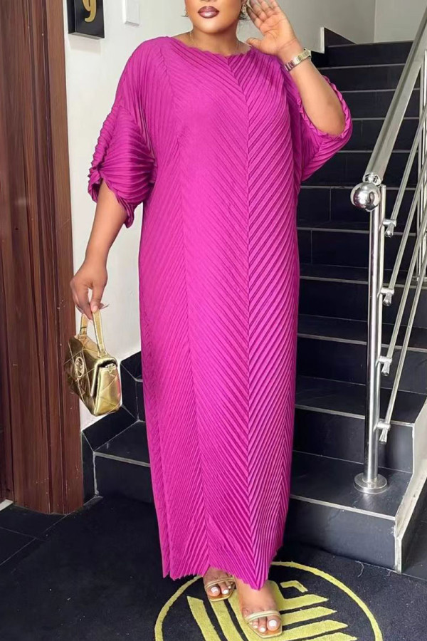 Rose Red Casual Solid Patchwork Fold O Neck Straight Dresses