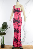 Rose Red Sexy Print Patchwork Square Collar Long Dress Dresses