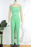 Green Sexy Solid Patchwork Fold Asymmetrical Spaghetti Strap Short Sleeve Two Pieces