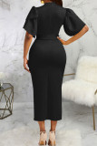 Blue Casual Work Solid Bandage Patchwork O Neck One Step Skirt Dresses