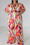 Gold Casual Print Patchwork Fold Off the Shoulder Plus Size Jumpsuits