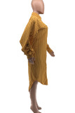 Black yellow Elegant Striped Fold Turndown Collar Outerwear
