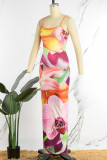 Pink Sexy Print Patchwork Slit Spaghetti Strap Dresses