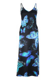 Powder Blue Casual Vacation Simplicity Print Pocket Spaghetti Strap Lantern Dress Dresses