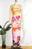 Pink Sexy Print Patchwork Slit Spaghetti Strap Dresses