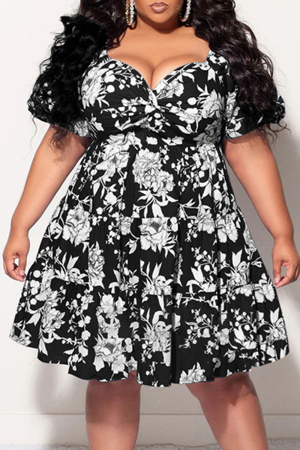 Black Sweet Print Patchwork V Neck A Line Plus Size Dresses