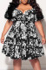 Black Sweet Print Patchwork V Neck A Line Plus Size Dresses