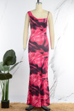 Rose Red Sexy Print Patchwork Square Collar Long Dress Dresses