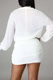 White Sexy Street Party Solid See-through Fold V Neck One Step Skirt Dresses