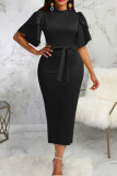 Blue Casual Work Solid Bandage Patchwork O Neck One Step Skirt Dresses