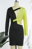 Yellow Sexy Patchwork Hot Drilling Hollowed Out Contrast Oblique Collar Long Sleeve Dresses
