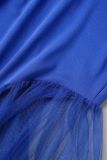 Blue Sexy Party Simplicity Formal Solid Patchwork Mesh V Neck Ball Gown Dresses