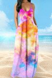 Powder Blue Casual Vacation Simplicity Print Pocket Spaghetti Strap Lantern Dress Dresses