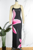 Pink Sexy Print Patchwork Spaghetti Strap One Step Skirt Dresses