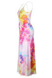 Powder Blue Casual Vacation Simplicity Print Pocket Spaghetti Strap Lantern Dress Dresses