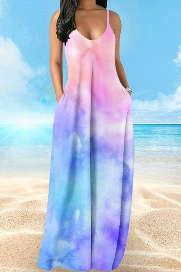 Powder Blue Casual Vacation Simplicity Print Pocket Spaghetti Strap Lantern Dress Dresses