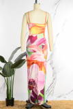 Pink Sexy Print Patchwork Slit Spaghetti Strap Dresses
