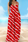 Powder Blue Casual Vacation Simplicity Print Pocket Spaghetti Strap Lantern Dress Dresses