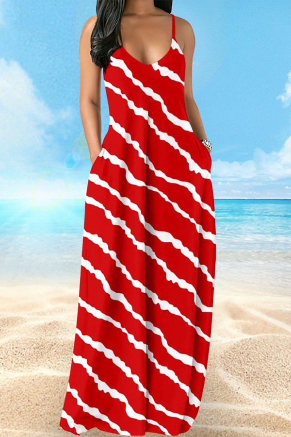 Red Casual Vacation Simplicity Print Pocket Spaghetti Strap Lantern Dress Dresses