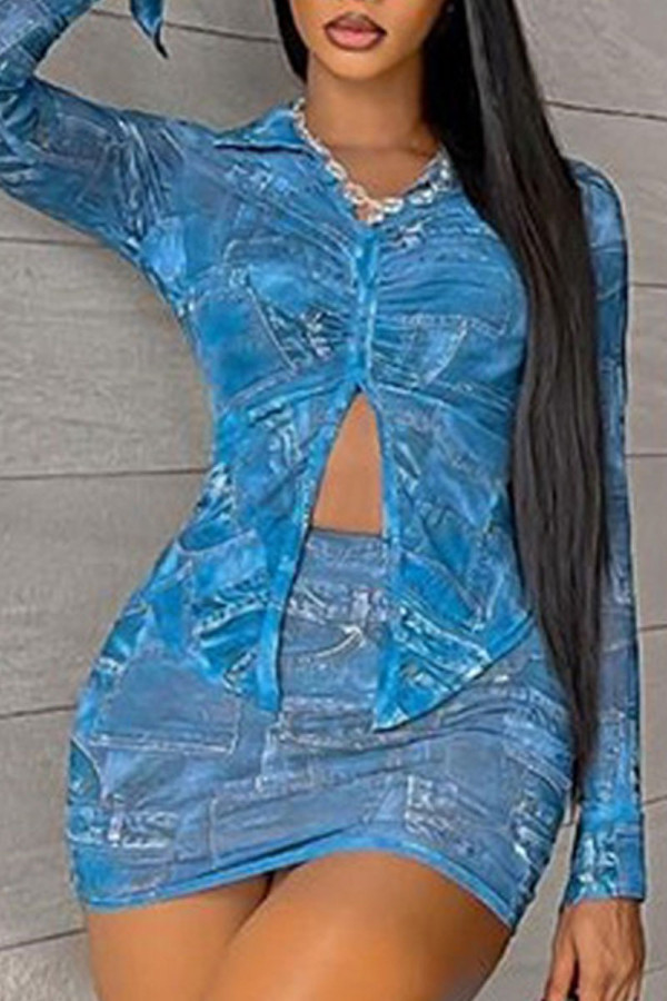 Blue Sexy Street Not Positioning Printed Buttons Fold Turndown Collar Long Sleeve Two Pieces