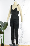 Black Sexy Casual Solid Backless Fold Spaghetti Strap Skinny Jumpsuits