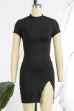 Black Sexy Solid Slit Half A Turtleneck Short Sleeve Dress