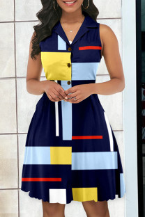 Tibetan Blue Casual Work Elegant Geometric Print Buttons V Neck A Line Dresses