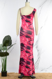 Rose Red Sexy Print Patchwork Square Collar Long Dress Dresses