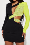 Yellow Sexy Patchwork Hot Drilling Hollowed Out Contrast Oblique Collar Long Sleeve Dresses