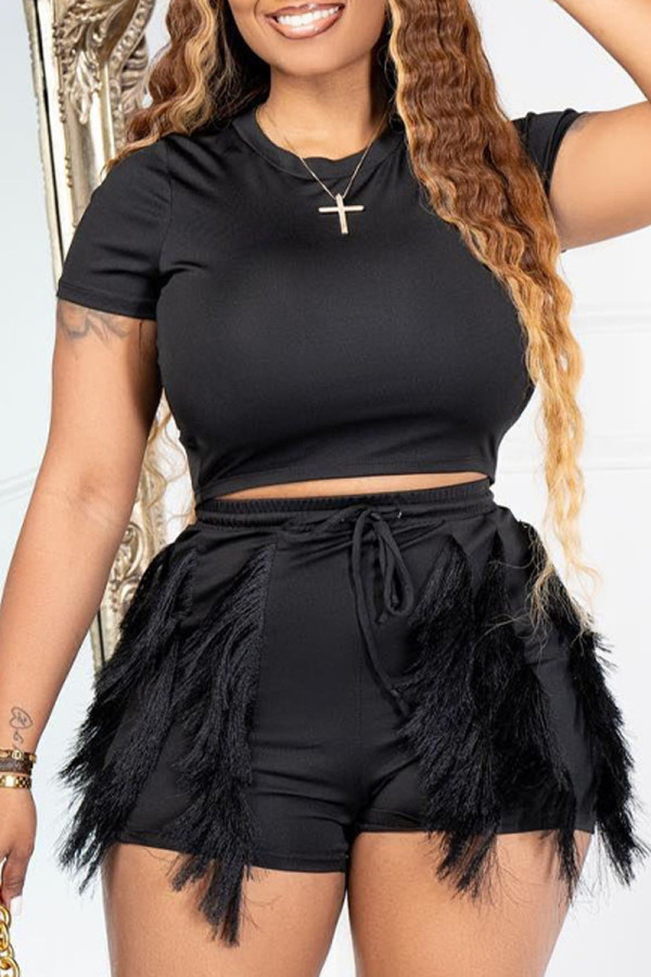 Black Casual Elegant Solid Tassel O Neck Two Pieces