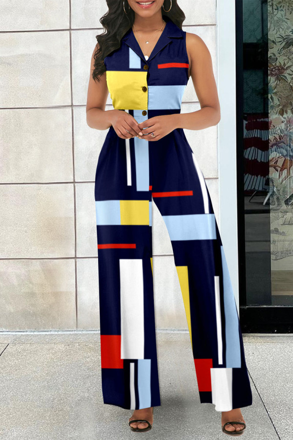Tibetan Blue Casual Elegant Print V Neck Regular Jumpsuits
