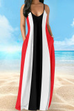 Powder Blue Casual Vacation Simplicity Print Pocket Spaghetti Strap Lantern Dress Dresses