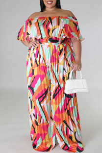 Red Casual Print Patchwork Fold Off the Shoulder Plus Size Jumpsuits