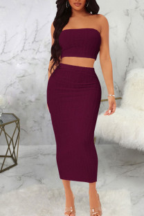 Burgundy Sexy Solid Patchwork Strapless Sleeveless Two Pieces