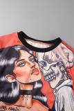 Tangerine Street Print Patchwork O Neck T-Shirts