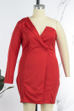 Red Casual Elegant Solid Patchwork V Neck Wrapped Skirt Plus Size Dresses