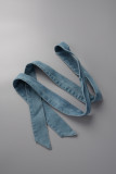 Baby Blue Casual Work Patchwork Pocket Frenulum Turndown Collar Sleeveless Mid Waist Skinny Denim Dresses(With Belt)