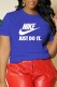 Blue Casual Print Letter O Neck T-Shirts