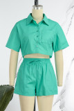 Light Blue Casual Solid Patchwork Buckle Turndown Collar Short Sleeve Two Pieces