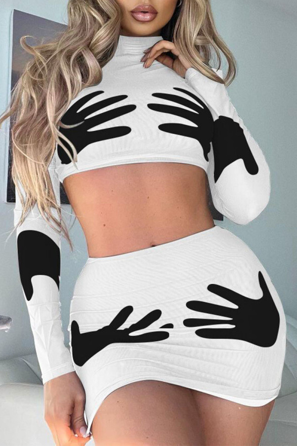 White Sexy Street Print Patchwork Half A Turtleneck Long Sleeve Two Pieces