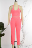 Pink Casual Sportswear Simplicity Solid Bandage Vests Spaghetti Strap Sleeveless Two Pieces