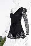 Black Sexy Solid Bandage Hollowed Out Patchwork Asymmetrical Asymmetrical Collar Regular Rompers