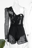 Black Sexy Solid Bandage Hollowed Out Patchwork Asymmetrical Asymmetrical Collar Regular Rompers