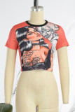 Tangerine Street Print Patchwork O Neck T-Shirts