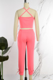 Pink Casual Sportswear Simplicity Solid Bandage Vests Spaghetti Strap Sleeveless Two Pieces