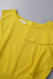 Yellow Casual Elegant Solid Flounce Zipper O Neck Wrapped Skirt Dresses
