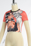 Tangerine Street Print Patchwork O Neck T-Shirts
